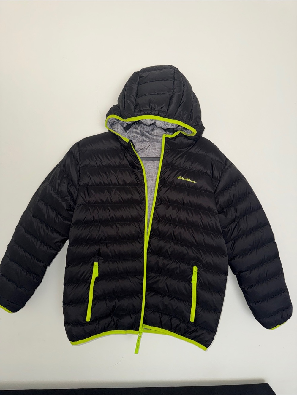 Eddie Bauer Reversible Kids Black/Gray Puffer Jacket with Neon/Lime XL Y14/16